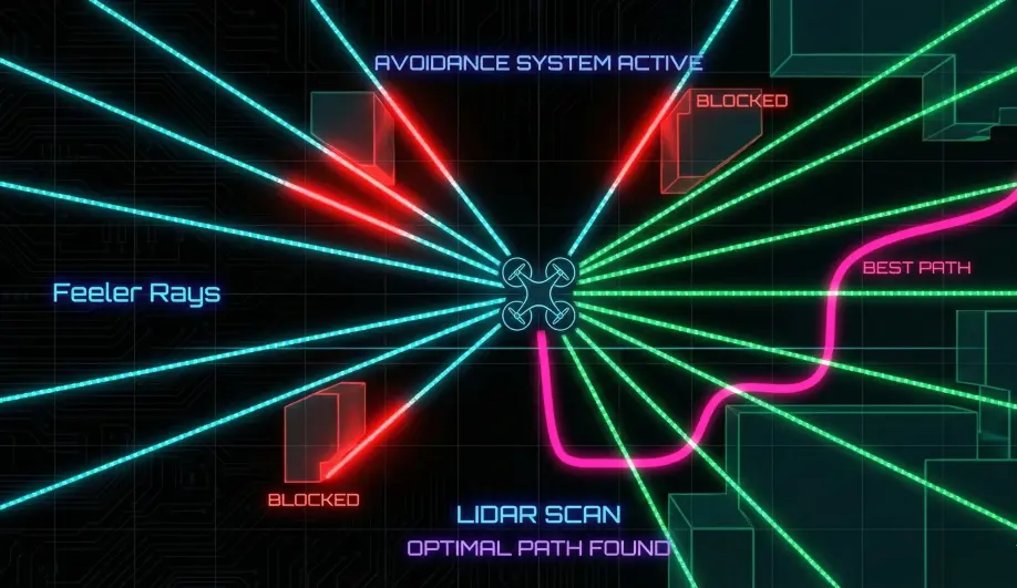 Top-down view of BendyRuler feeler rays searching for a clear path.