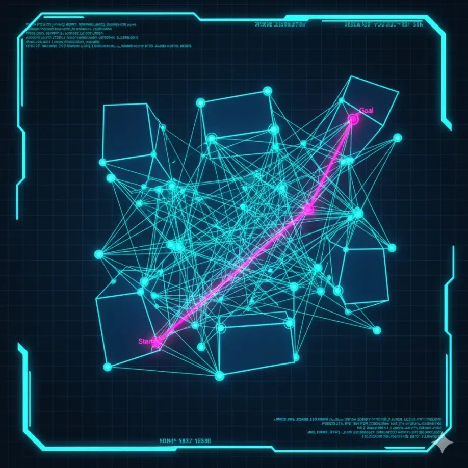 Global map showing the Dijkstra visibility graph and shortest path around obstacles.