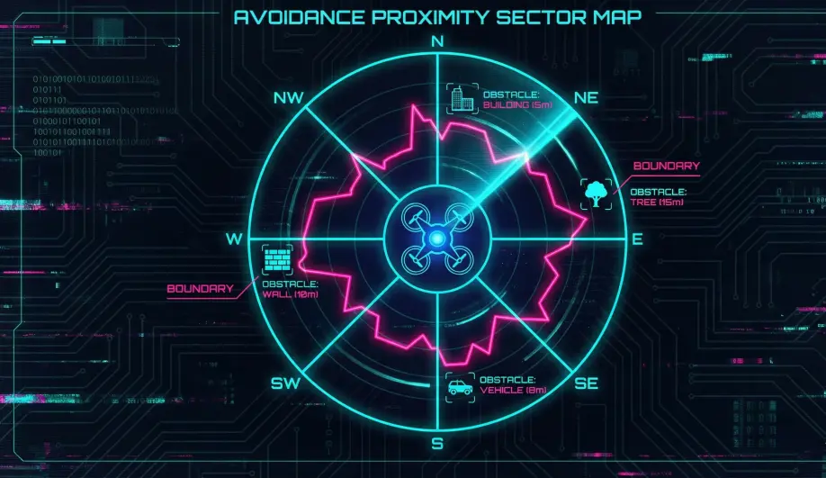 Top-down radar view showing proximity sensor sectors and obstacle boundaries.