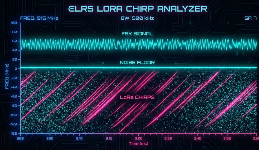Spectrogram showing LoRa chirp modulation visible below the RF noise floor.