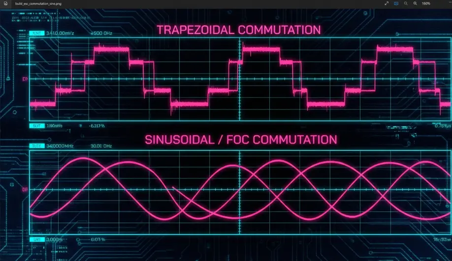 Oscilloscope graph comparing Trapezoidal versus Sinusoidal/FOC commutation waveforms.