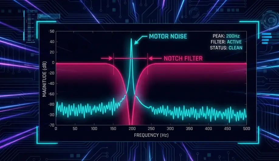 Frequency spectrum plot illustrating Harmonic Notch filtering of motor noise.