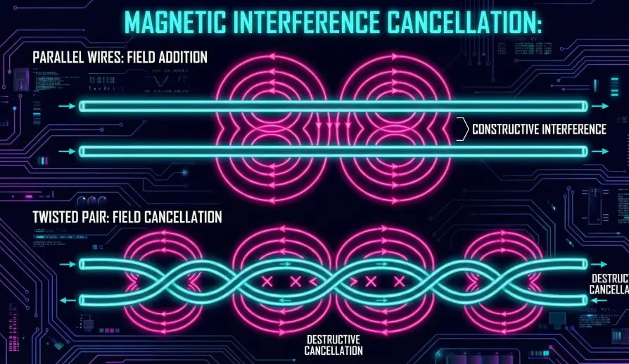 Diagram demonstrating magnetic field cancellation using twisted pair wiring.