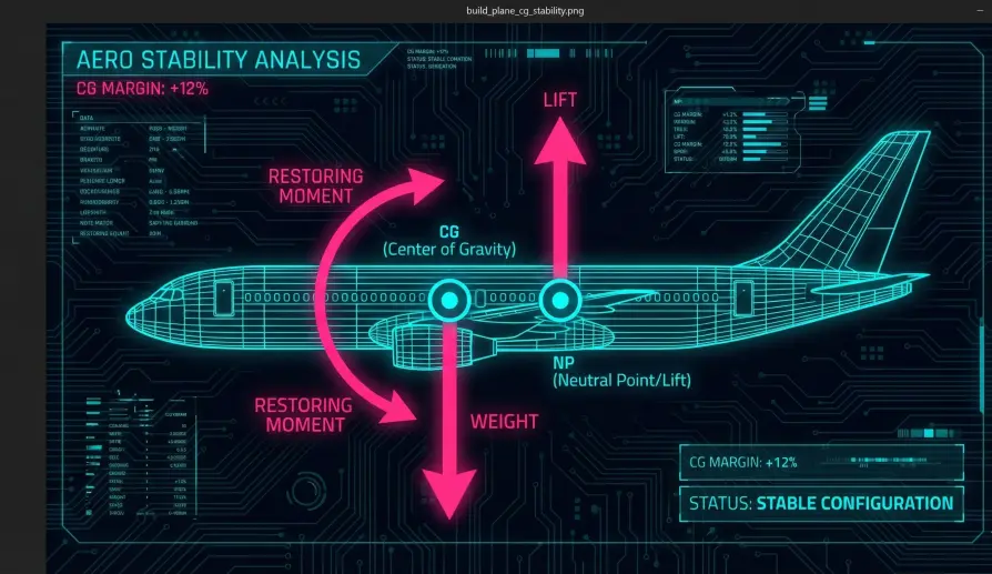 Diagram of longitudinal stability forces showing CG ahead of the Neutral Point.