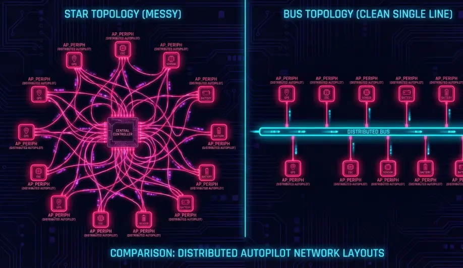 Comparison diagram of Star versus Bus topology for drone peripherals.