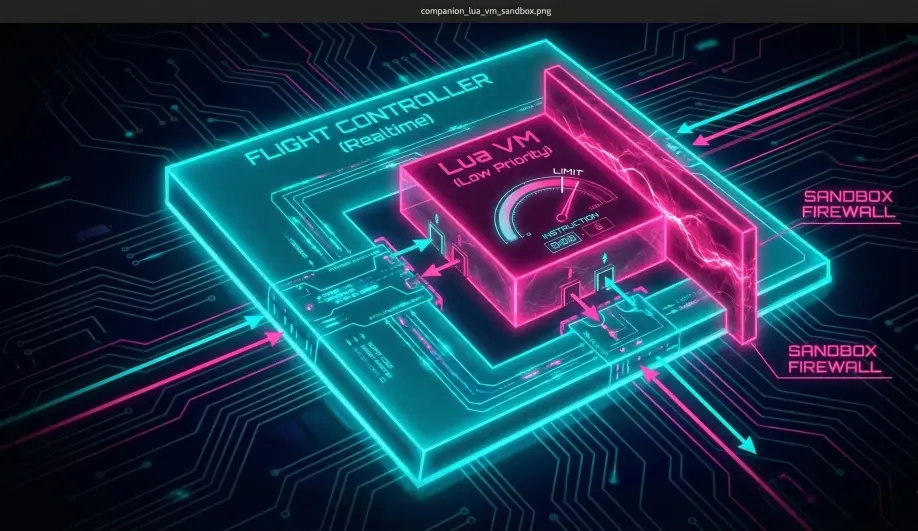 Architecture diagram of the Lua VM Sandbox isolated within the Flight Controller.