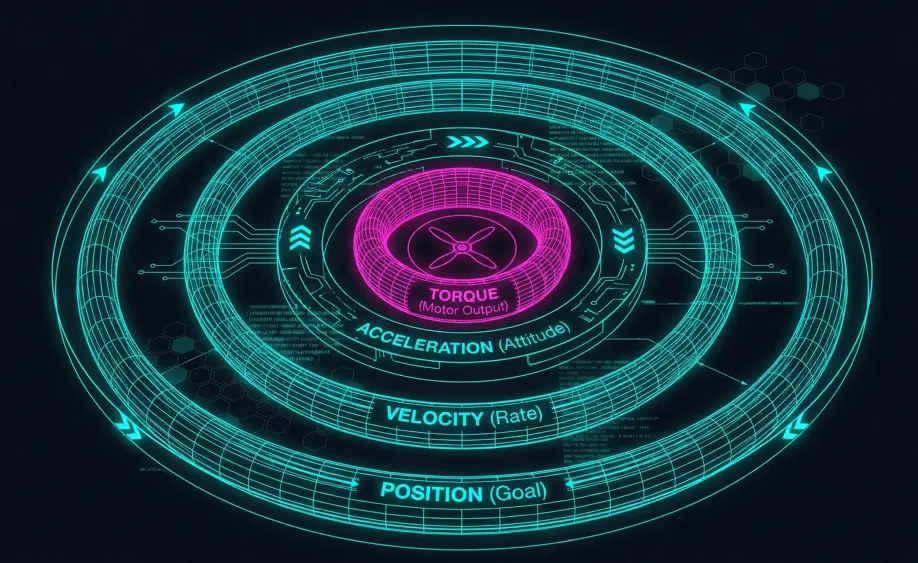 Diagram showing the hierarchy of drone control loops: Position, Velocity, Acceleration, and Torque.