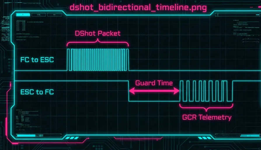Signal timeline showing DShot packet transmission and Bi-Directional Telemetry response.
