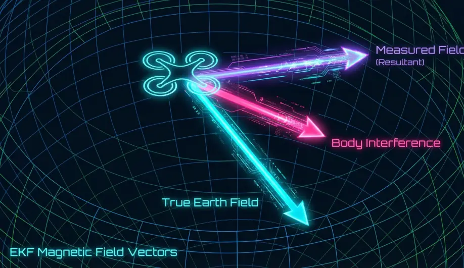 3D vector diagram comparing Earth's magnetic field with body interference.