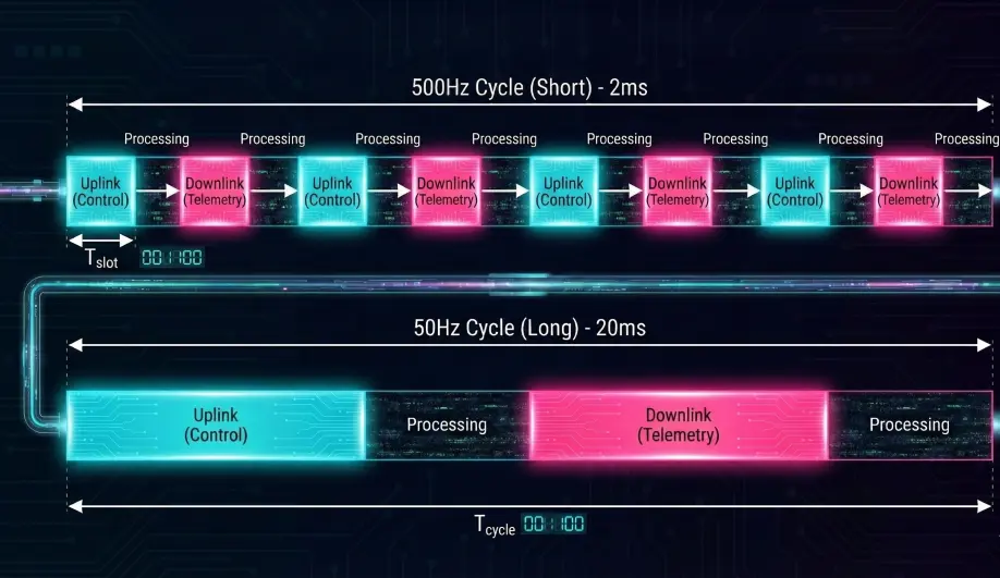 Timeline diagram illustrating the ELRS packet cycle slots for Uplink and Downlink.