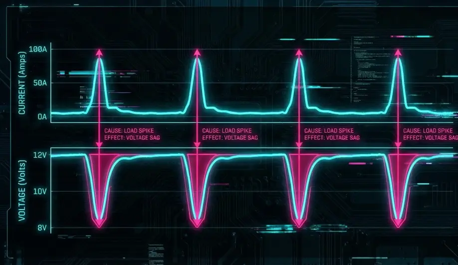 Graph correlating battery voltage sag with current spikes.