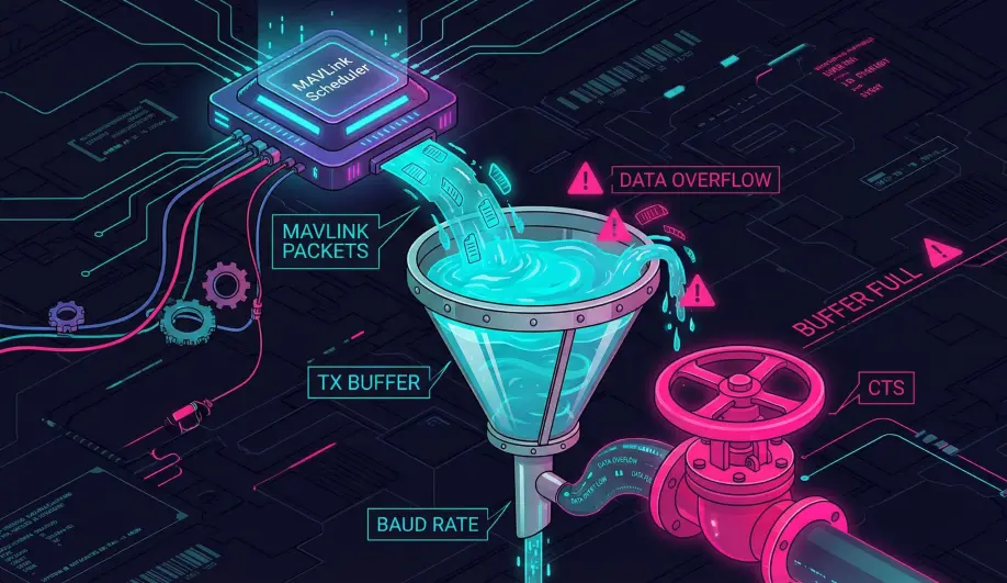 Illustration of the Leaky Funnel metaphor for MAVLink flow control and buffering.