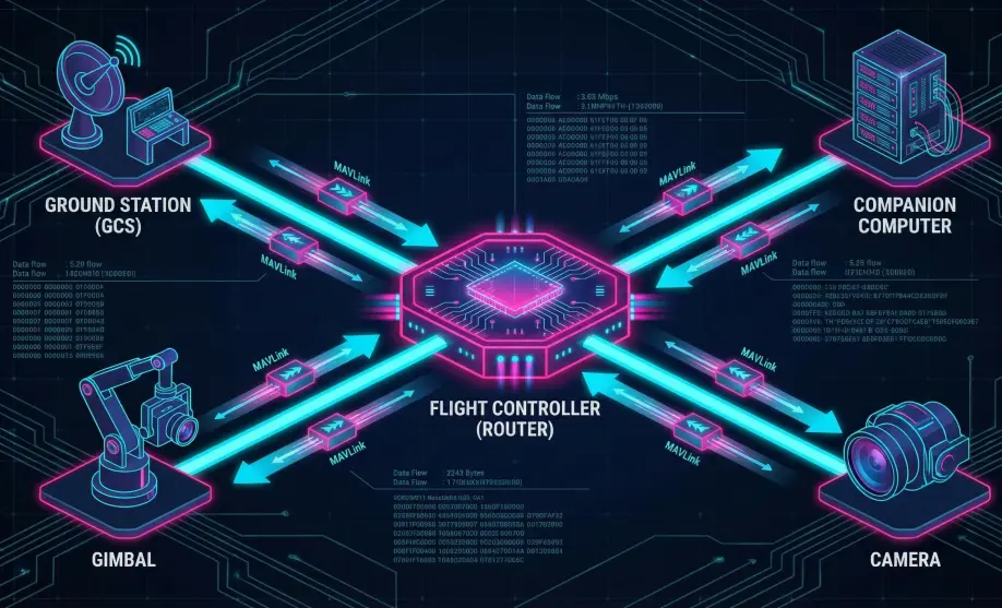 Network topology diagram showing the Flight Controller routing MAVLink messages between peripherals.