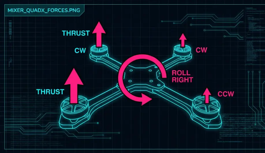 Diagram illustrating the thrust forces on a Quad X frame during a Roll maneuver.
