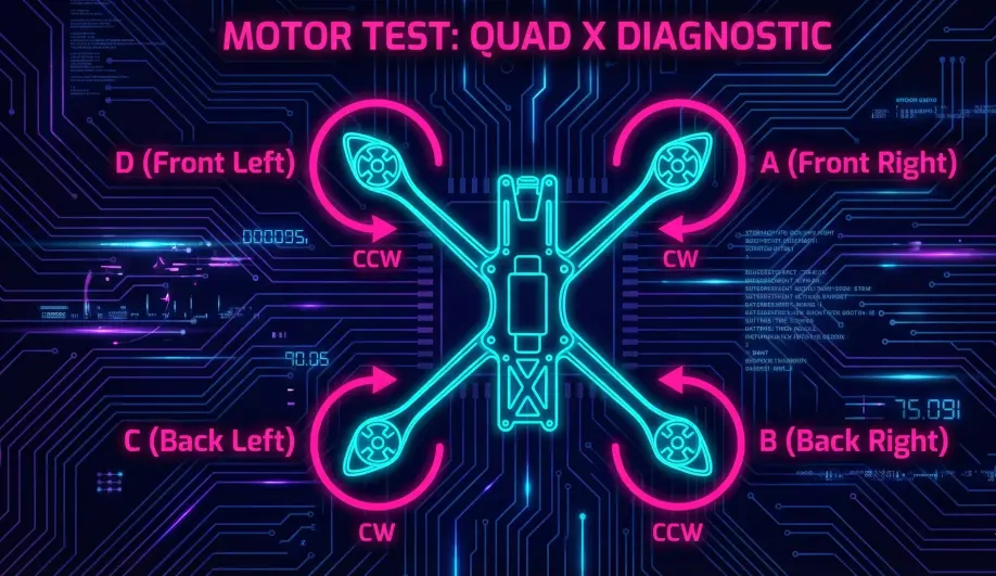 Diagram showing the A-B-C-D motor test order and spin direction for a Quad X.