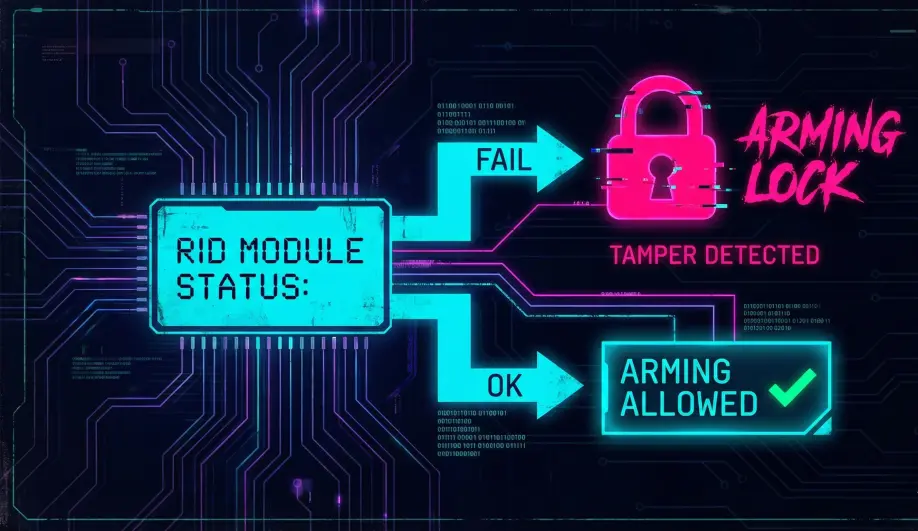 Logic flow diagram for the Remote ID arming lock safety mechanism.