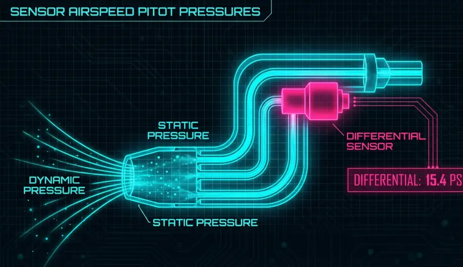 Technical diagram of a Pitot tube showing Static and Dynamic pressure ports.