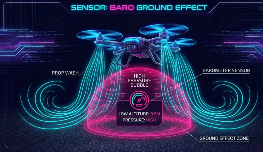Diagram illustrating barometric pressure error caused by ground effect.