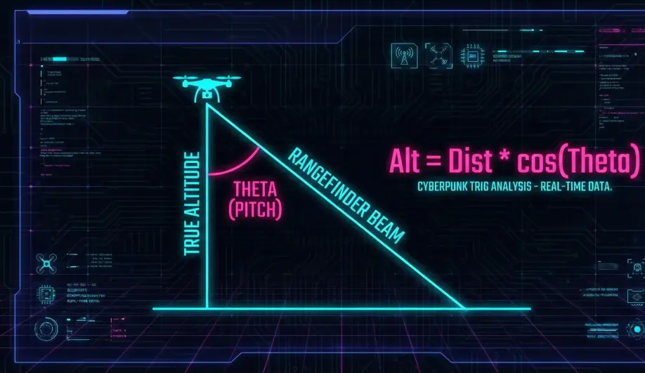 Geometric diagram of rangefinder slant range correction using trigonometry.
