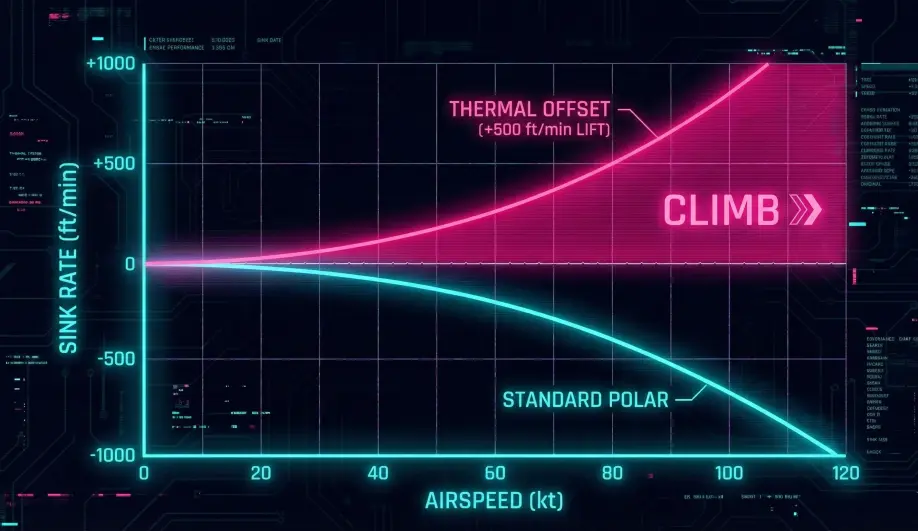 Graph of a glider Polar Curve showing the effect of thermal lift.