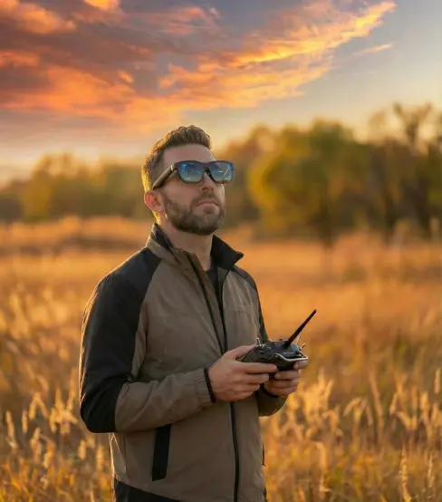 Pilot wearing AR glasses looking at the sky