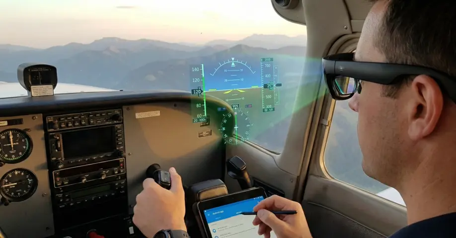 Cockpit view showing a pilot wearing XR glasses with a holographic Primary Flight Display HUD overlaying the horizon
